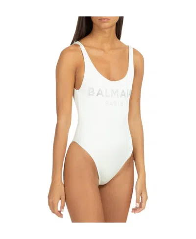Balmain Stud-logo U-neck Swimsuit In Nude