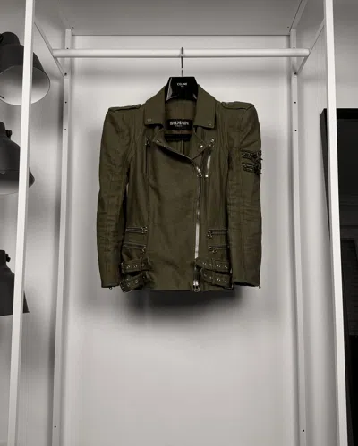 Pre-owned Balmain Studded Patch Military Biker Jacket In Green