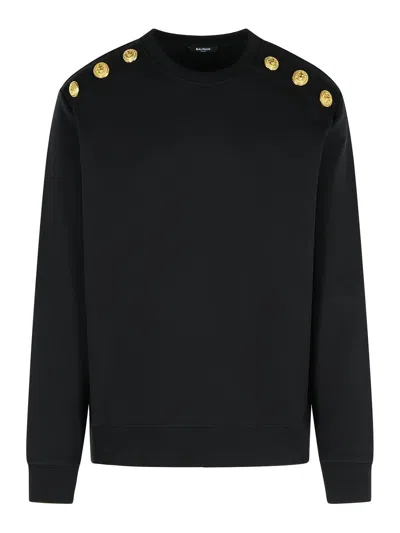 Balmain Crew Neck Sweater With Gold Button Detailing In Black