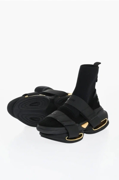 Balmain Suede And Fabric B Bold Sock Sneakers With Golden Details In Black