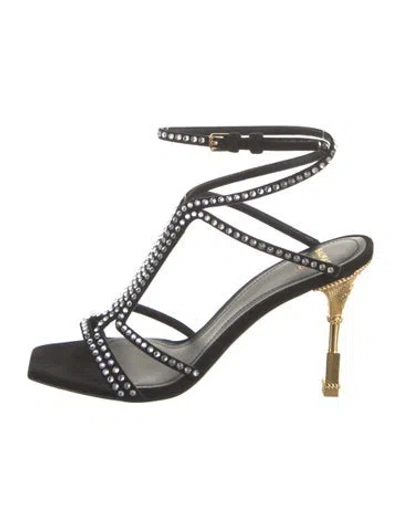 Pre-owned Balmain Suede Crystal Embellishments T-strap Sandals In Black
