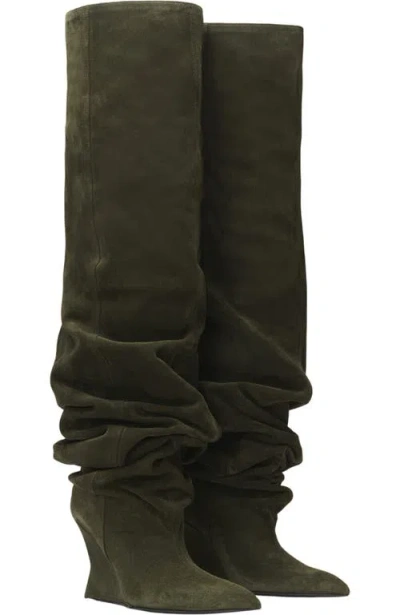 Balmain Suede Leather Wedge Thigh-high Boots In Green