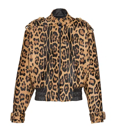 Balmain Suede Leopard Print Bomber Jacket In Brown
