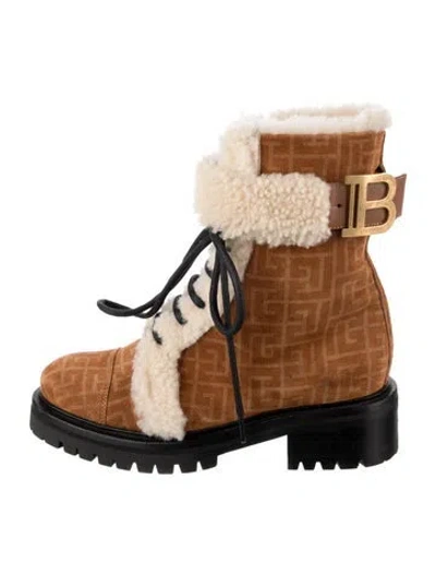 Pre-owned Balmain Suede Patterned Lace-up Boots In Brown