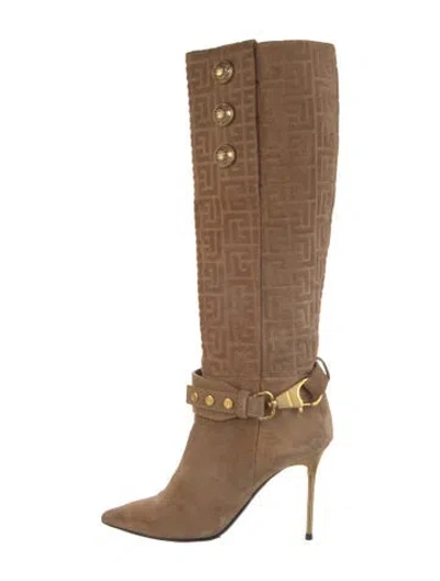Pre-owned Balmain Suede Printed Boots In Brown