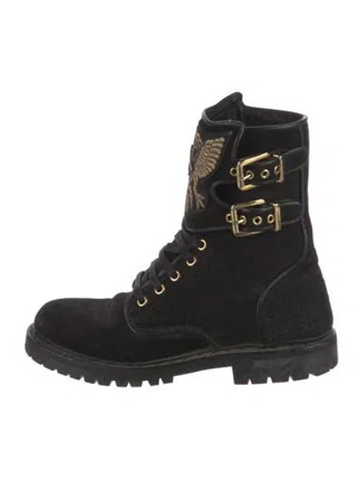 Pre-owned Balmain Suede Printed Combat Boots In Black