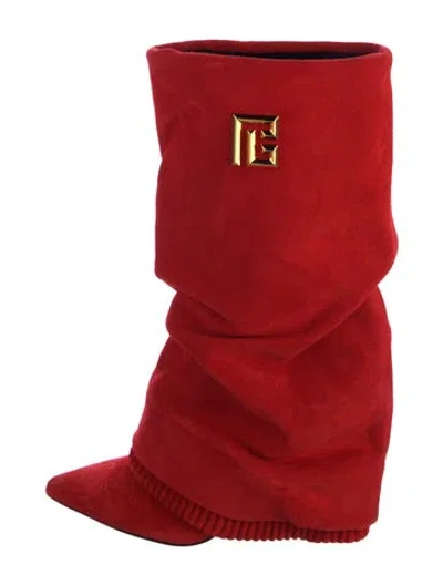 Pre-owned Balmain Suede Slouch Boots In Red