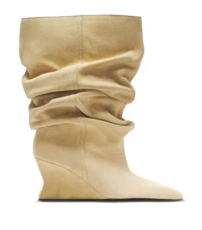 Balmain Draped Suede Wedge Ankle Boots In Neutral