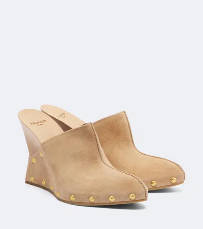 Balmain Suede Wedge Clogs In Beige