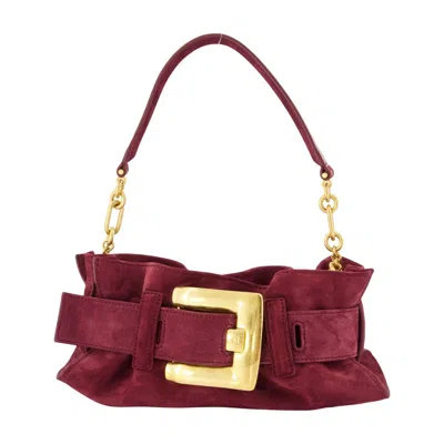 Balmain Suede With Oversized Buckle Shoulder Bag In Burgundy