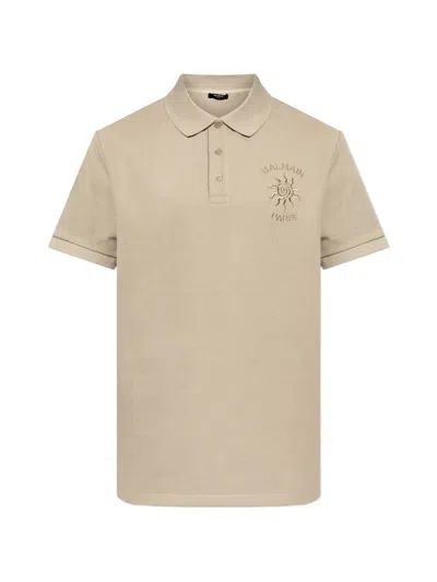 Balmain Sun-embroidered Piqué Polo Shirt In Neutral
