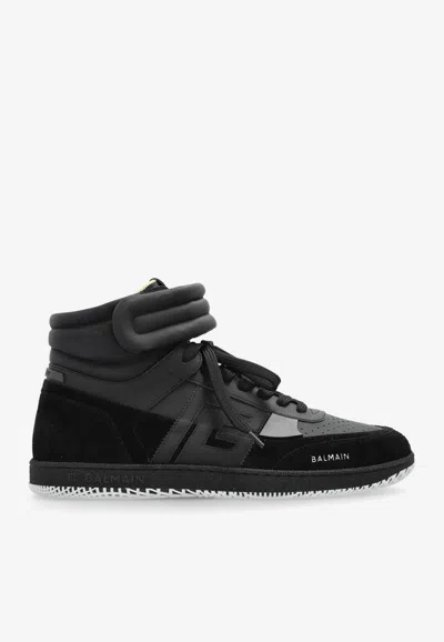 Balmain Swan Leather And Suede High-top Sneakers In Ieb Or/noir