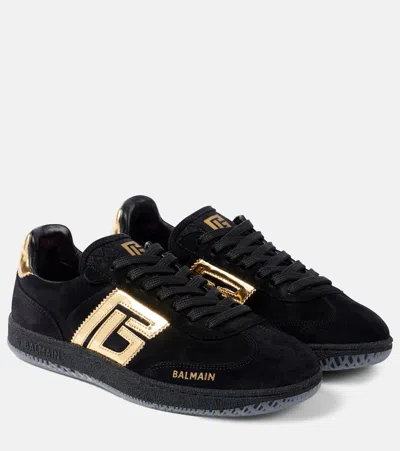 Balmain Swan Leather-trimmed Suede Sneakers In Ead Noir/or