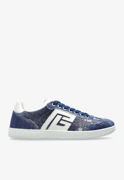 Balmain Swan Low-top Denim Sneakers In Blue