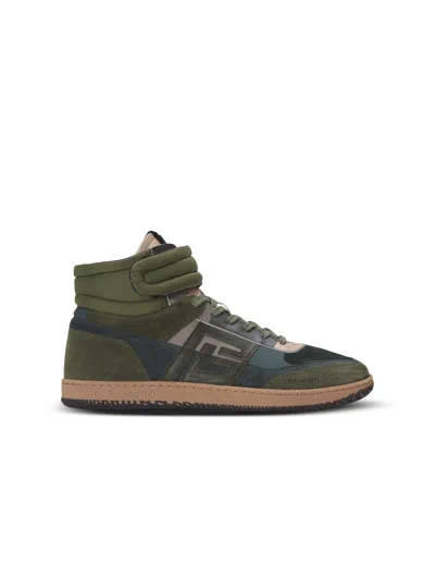 Balmain Swan Mid-top Sneakers In Calfskin And Suede In Green