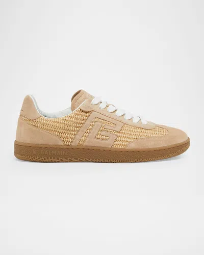 Balmain Swan Raffia And Suede Low-top Sneakers In Neutral