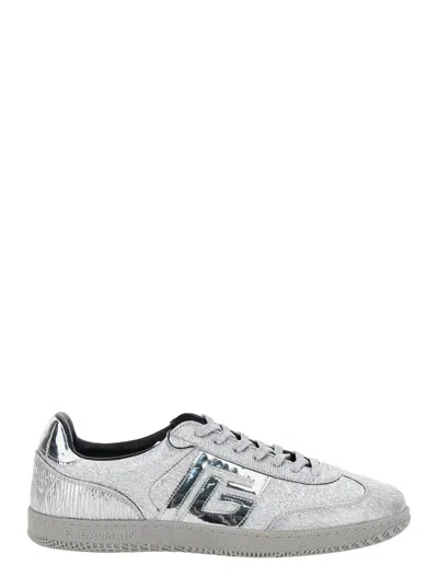 Balmain Swan Silver Colored Low Top Sneakers With Logo Detail In Metallic Leather And Tech Fabric Man