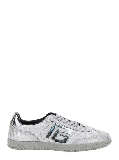 BALMAIN 'SWAN' SILVER COLORED LOW TOP SNEAKERS WITH LOGO DETAIL IN METALLIC LEATHER AND TECH FABRIC MAN