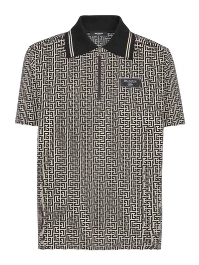 Balmain Pb Labyrinth Jacquard Polo Shirt In Black