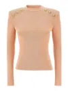 Balmain Ribbed Crew Neck Sweater With Gold Buttons In Color Carne Y Neutral