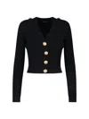Balmain Black Ribbed Cardigan With Shoulder Pads And Logoed Metal Buttons