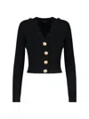 Balmain Black Ribbed Cardigan With Shoulder Pads And Logoed Metal Buttons In Black