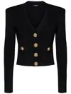 Balmain Structured Shoulder Black V-neck Cardigan With Decorative Buttons In Black