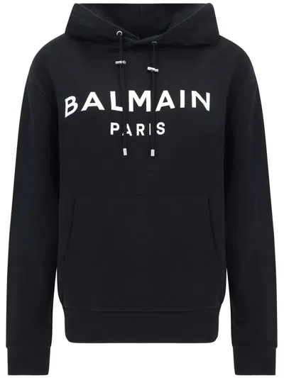 Balmain Logo Hooded Cotton Sweatshirt In Black