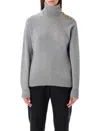 Balmain Grey High-neck Wool Sweater With Gold Buttons In Gray