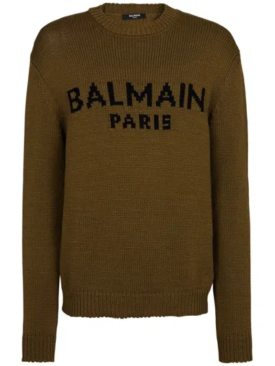 Balmain Wool Logo Sweater In Khaki/black