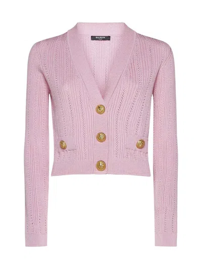 Balmain Buttoned Pointelle Rib Knit Crop Cardigan In Pink