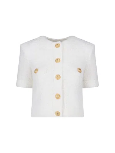 Balmain Cropped Tweed Cardigan In White