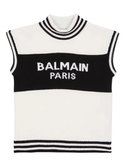 Balmain Kids' Logo-intarsia Knitted Top In White