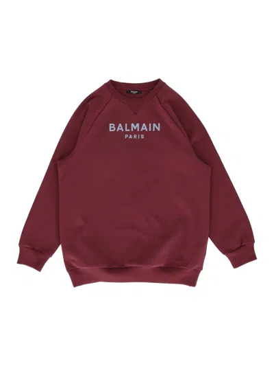 Balmain Kids Logo Print Crewneck Sweatshirt In Burgundy