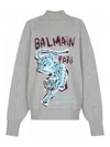 Balmain Cheetah-print Turtleneck Sweatshirt In Gray