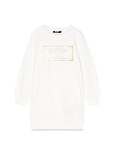 Balmain Logo Mini Sweatshirt Dress For Girls In Yellow