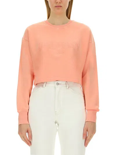 Balmain Cropped Fit Sweatshirt With Embossed Logo In Pink