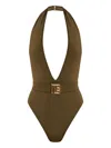 Balmain Pb Buckle Deep V-neck One-piece Swimsuit In Green