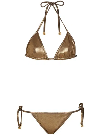 Balmain Metallic Triangle Bikini Set In Gold