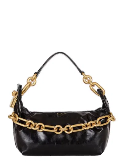 Balmain 'sync' Black Medium Shoulder Bag With Chain-link And Logo Plaque In Leather Woman