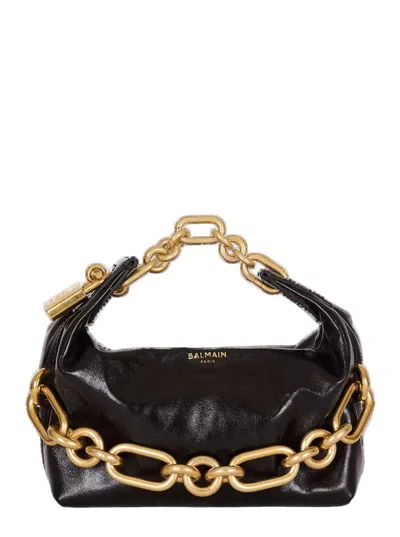 BALMAIN 'SYNC' BLACK MINI HANDBAG WITH CHAIN-LINK AND LOGO PLAQUE IN LEATHER WOMAN