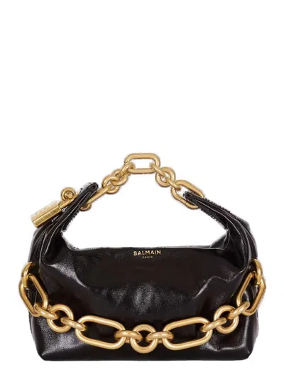 Balmain 'sync' Black Mini Handbag With Chain-link And Logo Plaque In Leather Woman