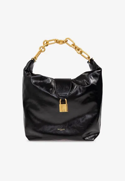 Balmain Sync Hobo Bag In Calfskin Leather In Black