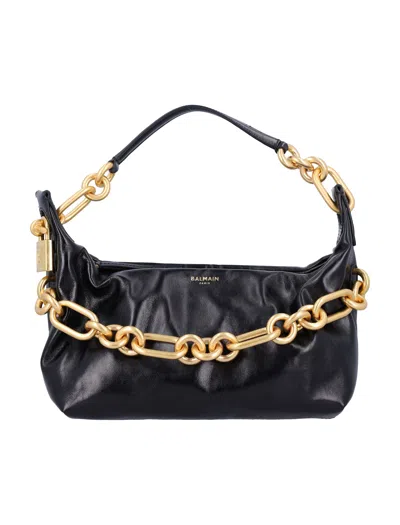 Balmain Medium Leather Shoulder Bag With Chain Strap In Black