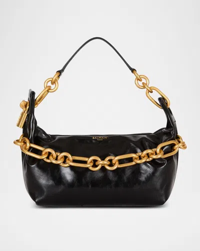 Balmain Medium Leather Shoulder Bag With Chain Strap In Black