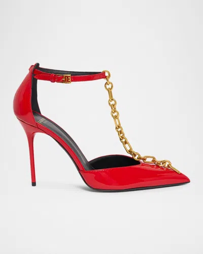 Balmain Sync Patent Leather Chain T-strap Pumps In 3go Rouge