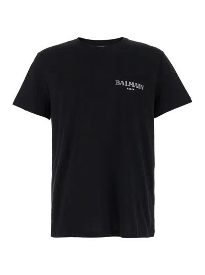 Balmain Black Crewneck T-shirt With Logo Lettering On The Front In Cotton Man