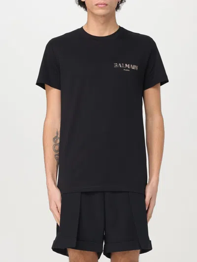 Balmain Black Crewneck T-shirt With Logo Print In Cotton Man