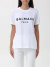 Balmain White Crewneck T-shirt With Logo Print And Golden Buttons In Jersey Woman In 黑色 1