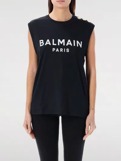 Balmain Logo Print Button Embellished Tank Top In Black
